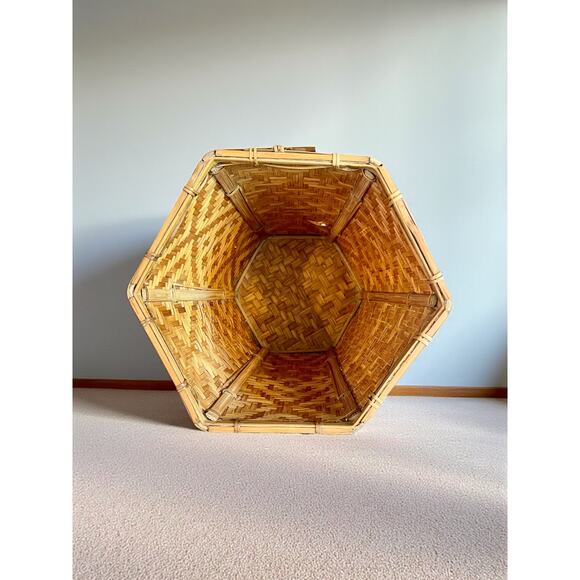 Vintage Bamboo Rattan Basket Waste Bin-Planter-Hexagon Woven Boho-Wicker-Rustic - Picture 5 of 5